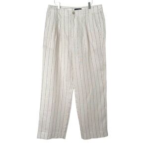 BANANA REPUBLIC High Rise Pleated Linen Pants Navy Cream Pinstripe Wide Leg 12